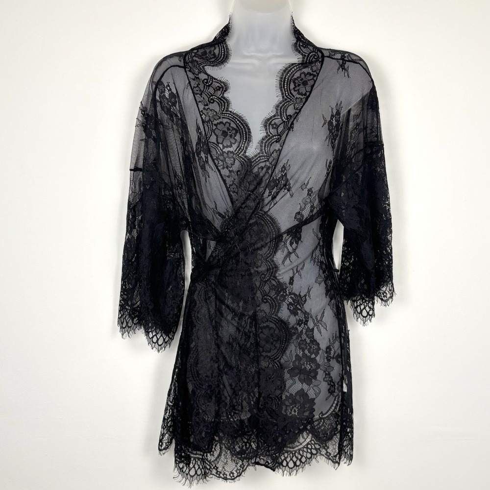 Avidlove Robe M Black Sheer Floral Lace Kimono Sleeve Eyelash Trim Lingerie